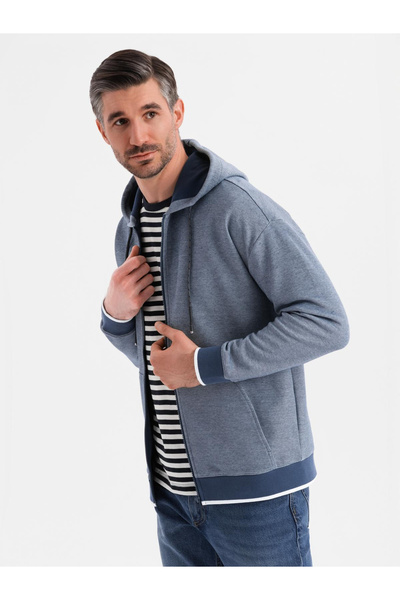 OMBRE Herren-Kapuzensweatshirt mit weicher Textur - Marineblau V2 OM-SSZP-0191