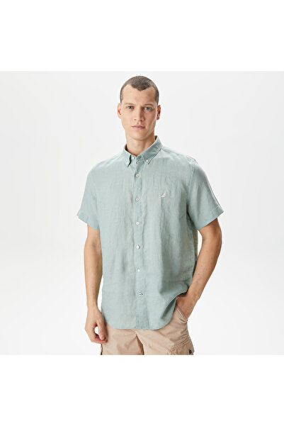 Nautica Erkek Yeşil Classic Fit Kısa Kollu Keten Gömlek