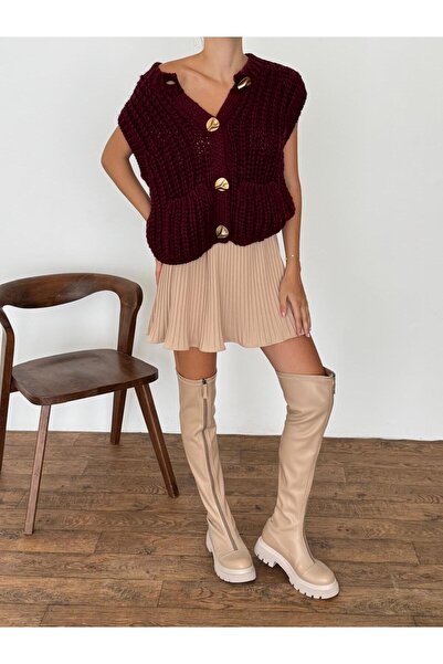 yeditepe fashion Gold Buttoned Pocketed Bellor Knitwear Vest Claret Red
