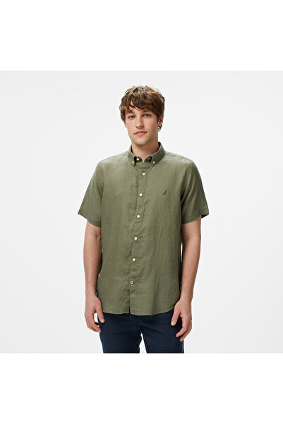Nautica Erkek Haki Classic Fit Keten Gömlek