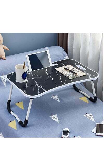 Generic طاولة كمبيوتر محمول قابلة للطي على شكل رخامي مع حامل أكواب وجهاز iPad