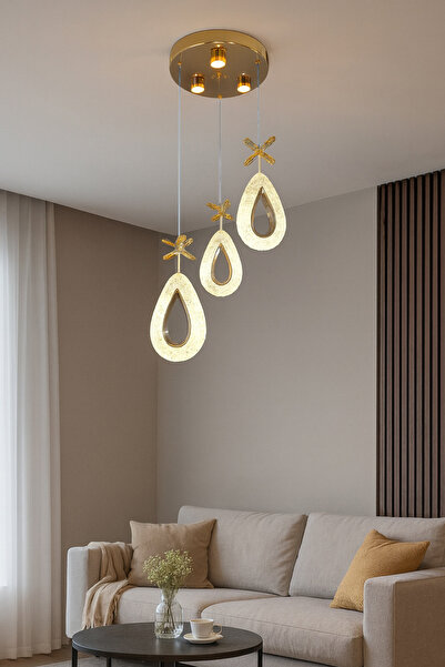 Turanconcept Arel 3lü Modern Led Avize Gold Renk Kristal Görünüm Gün Işığı Enerji Tasarruflu Salon Yemek Odası