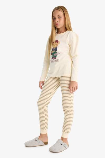 DeFacto New Season Girls' Pajama Set Printed Long Sleeve Top Striped Long Bottom