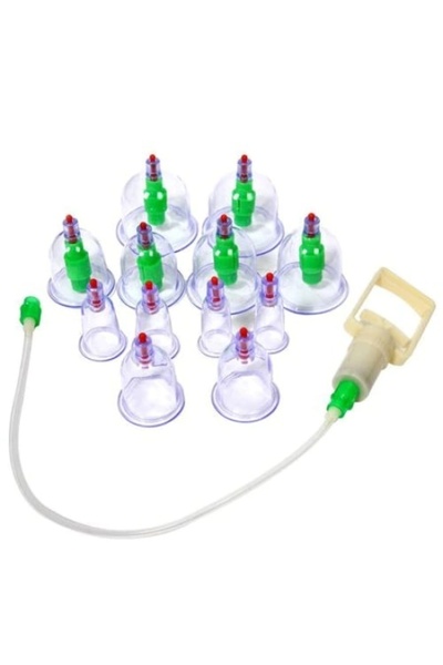 FOXMAG24 Set of 12 Cupping Cups for Massage, Vacuum Pump, Therapeutic Function, Transparent