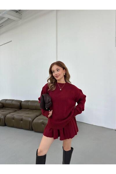 NZL TEKSTİL Dgn's Patchwork Mini Skirt Turtleneck Sweater Women's Bottom-Up Knitwear Set