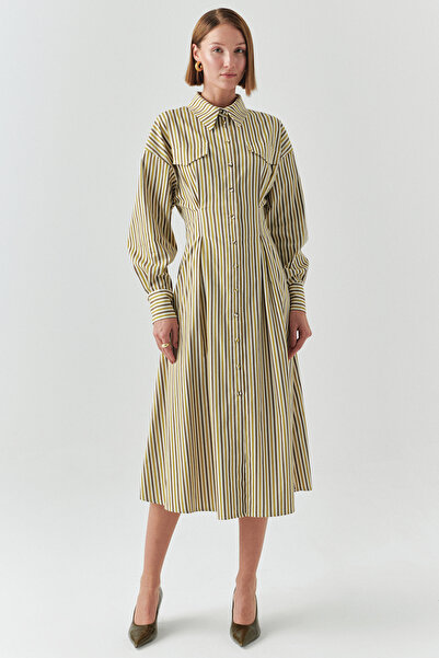 Exquise Striped Shirt Collar Long Sleeve Slim Fit Midi Dress