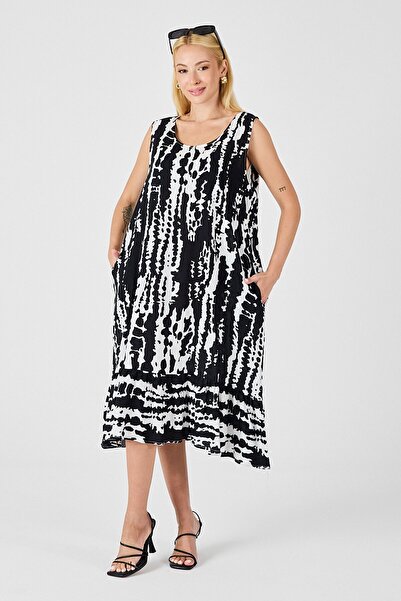 VAGGON Women's Black-White Oval Neck Double Pocket Flounce Sleeveless Midi Dress Vs00832