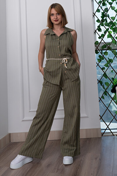 MissVina Ριγέ αμάνικο πουκάμισο και φαρδύ παντελόνι 1253