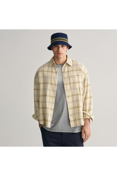 Gant Erkek Bej Oversize Fit Klasik Yaka Kareli Gömlek