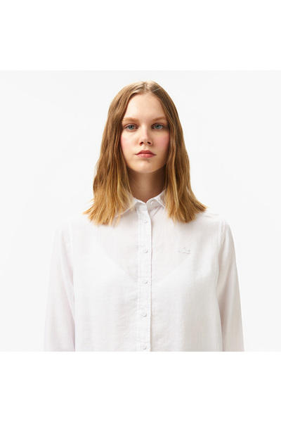 Lacoste Kadın Relaxed Fit Keten Beyaz Gömlek