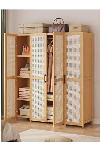 KEKE خزانة ملابس خشبية من الروطان الطبيعي بأربعة أبواب وخزانة تخزين مستقلة مع أرفف ومساحة للتعليق