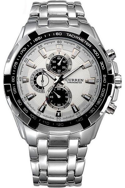 Curren Men's Watch 45mm Chronograph Battery with Silver White Metal Bracelet