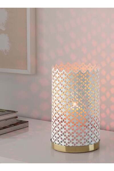 Arma حامل شموع معدني صغير على شكل فانوس رمضان، لون أبيض/نحاسي، 26*15 سم