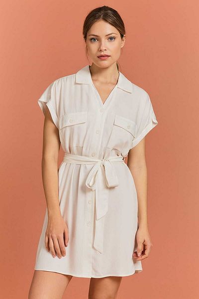 ŞIK VE MUTLU White Polo Neck Linen White Dress