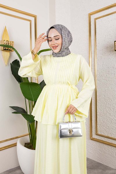 Hatun Atila Ribbed Lace Detailed Blouse and Flowing Skirt Two-Piece Set 8043 - Yellow