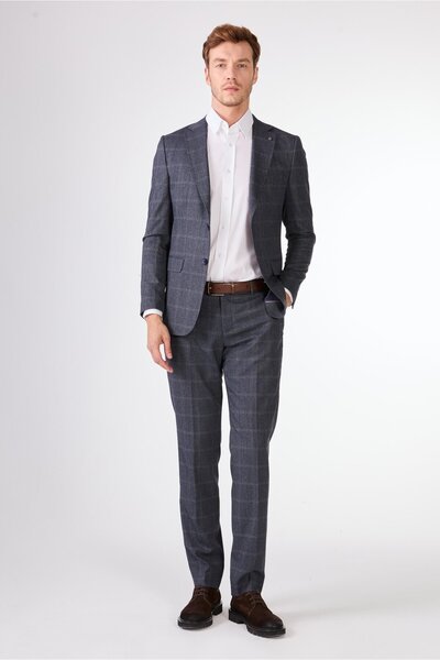 Dufy Navy Blue Herringbone Men's Suit - Slim Fit