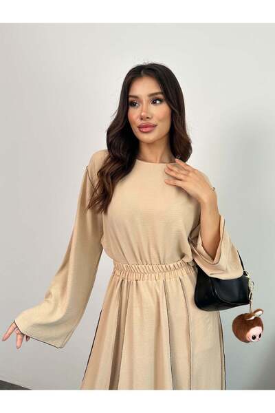 Hatun Atila Overlock Detailed Blouse and Skirt Double Set 8045 - Cream Color