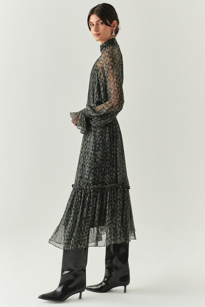 Exquise Uzun Kollu Regular Kemerli Şifon Midi Çok Renkli Elbise