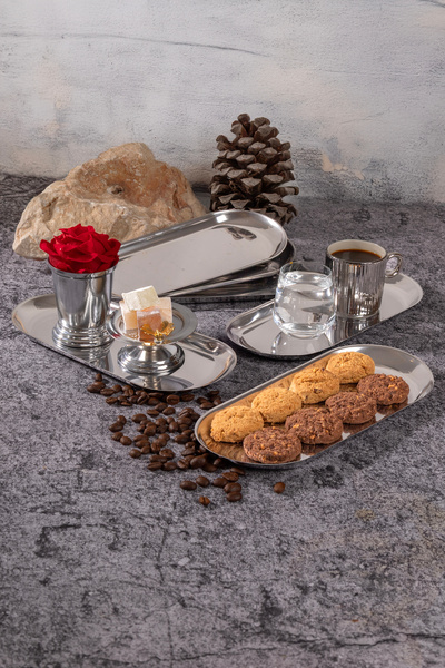 NEWTREND Züccaciye (23 cm) 6-Piece Large Boat Oval Silver Stainless Steel Snack Plate Mezzanine Sauce Bowl Steel Plate