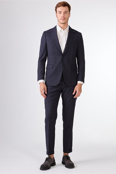 Dufy K.Navy Blue Herringbone Men's Suit - Slim Fit