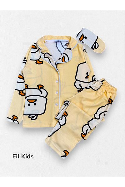 Fil Kids Girls' Cotton Fabric Suede Yellow Chick Patterned Sleep Banded Shirt Collar Pajama Set