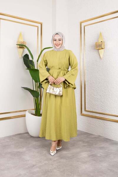 Hatun Atila Ribbed Lace Detailed Blouse and Flowing Skirt Two-Piece Set 8043 - Oil Green