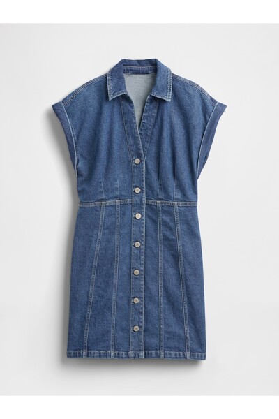 GAP Kadın Mavi Denim Seamed Mini Elbise