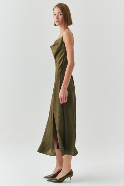 Exquise Regular Satin Midi Khaki Dress with Lace Detail and Straps