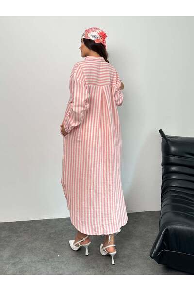 Hatun Atila Çizgili Düğmeli Cepli Uzun Muslin Gömlek Elbise 8898 - Pembe