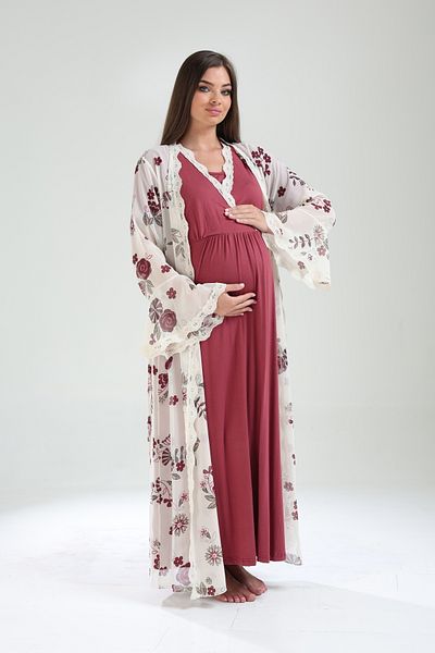 LOHOUSE Women's Burgundy Patterned Double Breasted Flange Sleeve Maternity Nightgown-Dressing Gown Set of 2