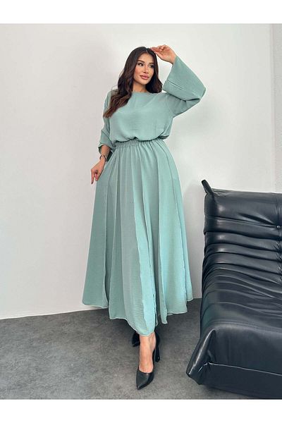 Hatun Atila Double Suit with Overlock Detail Blouse and Skirt 8045 - Water Green