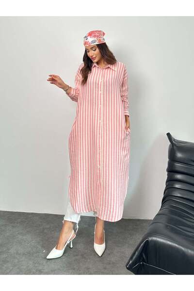 Hatun Atila Çizgili Düğmeli Cepli Uzun Muslin Gömlek Elbise 8898 - Pembe