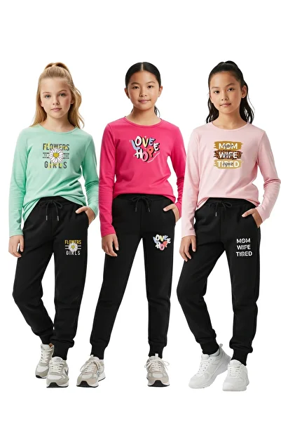 panios kids 3-Piece Round Neck Printed Detail Girl's Suprem Bottom-Top Set