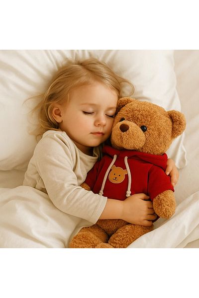 zola Teddy bear plush toy with hoodie, hypoallergenic, soft material, 40 x 25 cm, beige/red