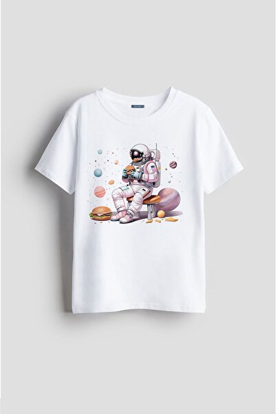 Darkia تي شيرت للأطفال مطبوع عليه همبرغر ورائد الفضاء على شكل كوكب الفضاء