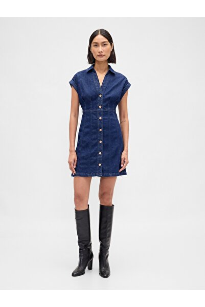 GAP Kadın Koyu Mavi Denim Seamed Mini Elbise