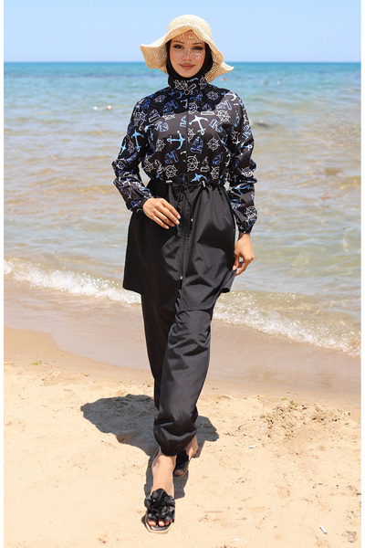 sefamerve Elastic Waist Anchor Patterned Zippered Hijab Swimsuit with Bonnet Gift 9005K-01 Black Blue