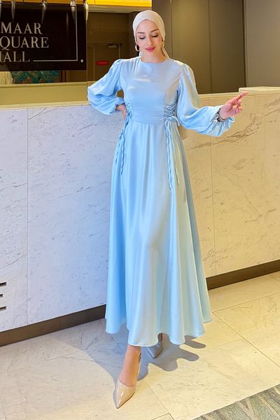 Abiye Diyarı Satin Evening Dress with Side Drawstrings-Ice Blue