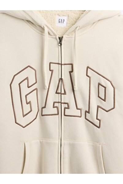 GAP Erkek Krem Relaxed Logo Sherpa Astarlı Fermuarlı Sweatshirt