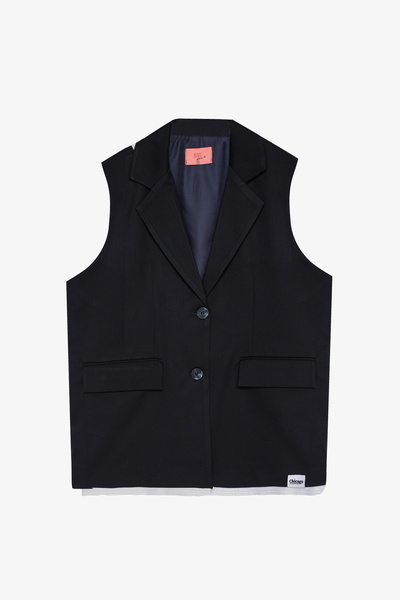 Quzu Oversize Vest Jacket with Fabric Garnish and Label Accessories Navy Blue