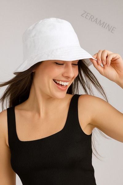 ZERAMİNE White Bow Bucket Hat 100% Cotton