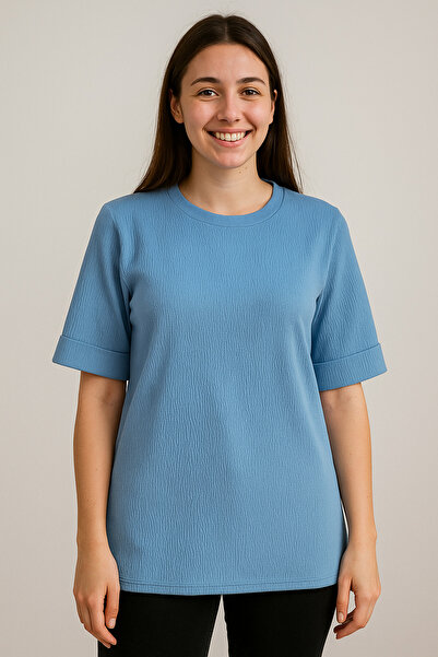 ribana Kadın Oversize kalıp Bürümcük Kumaş Duble Kol Yandan Yırtmaçlı T-shirt...