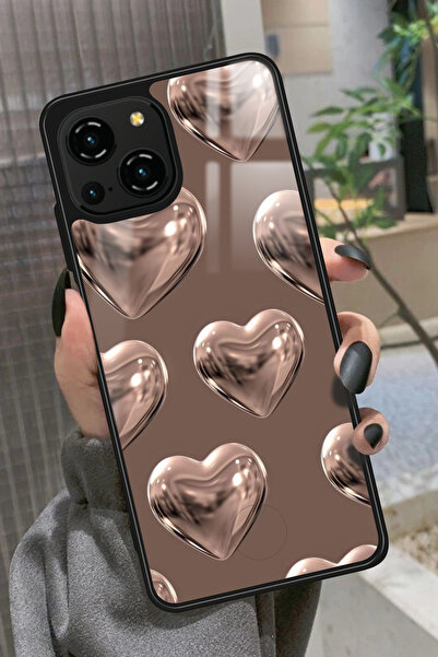 Reeder S23 Pro Max Uyumlu Kahverengi Kalp Tasarımlı Glossy Premium Kılıf