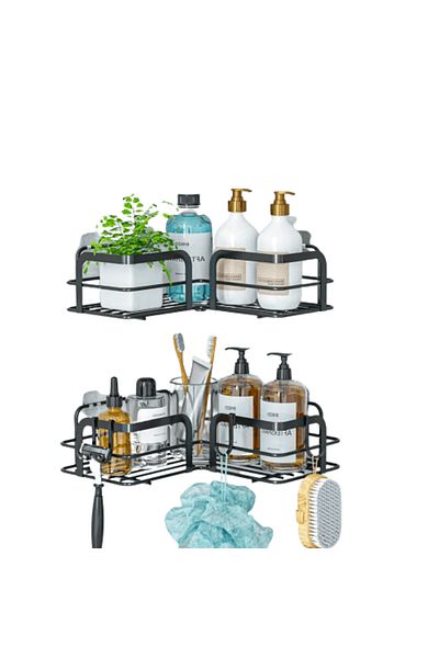 Elindor Corner Shower Shelf, Bathroom Shelf, Stainless Steel, Set of 2 Shelves, Black