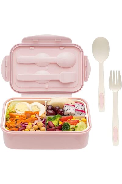 Saharaz Portable Lunch Box, 1100 ML, Spoon & Fork, three compartments, for On-the-Go Meal, Pink