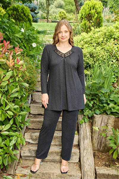 Miss Meryem Antrasit Yün Viskon Dantel Detaylı Uzun Kol Büyük Beden Tunik Pij...