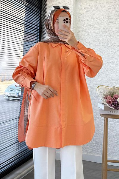 MELEK ARAZ Premium Tie-Up Poplin Tunic - Orange