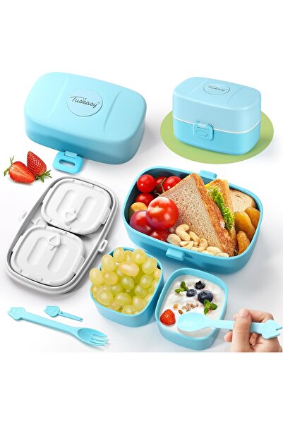 OEM Recipient alimentar pentru copii, TUSEASY, 860 ml, 3 compartimente, albastru, set cu tacâmuri