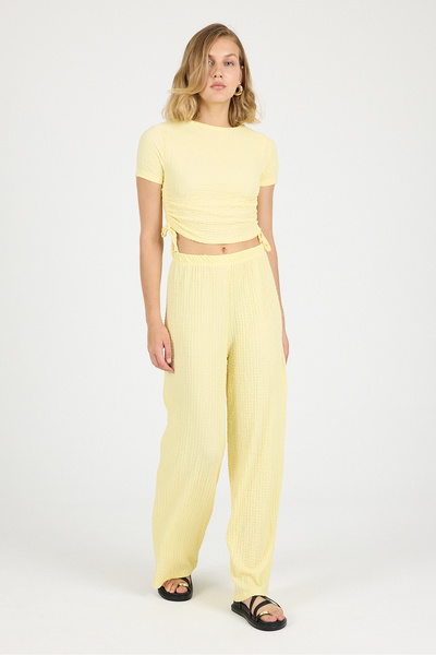 COMBİNE MİCHAİL Women's Crop Blouse Wide Leg Trousers Yellow Set