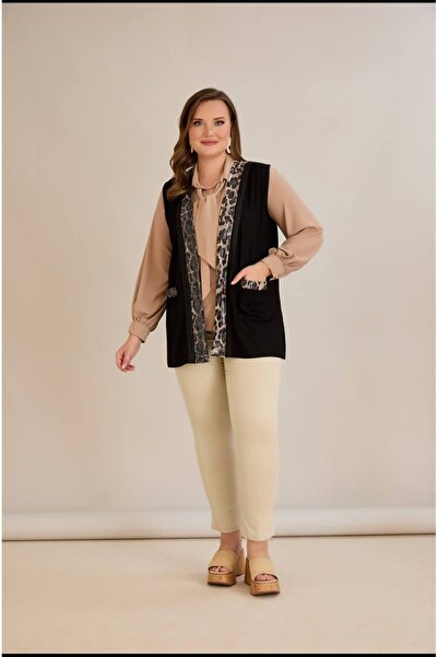 PARKDERİN Plus Size Soft Textured, Long Leopard Printed Pocket Vest